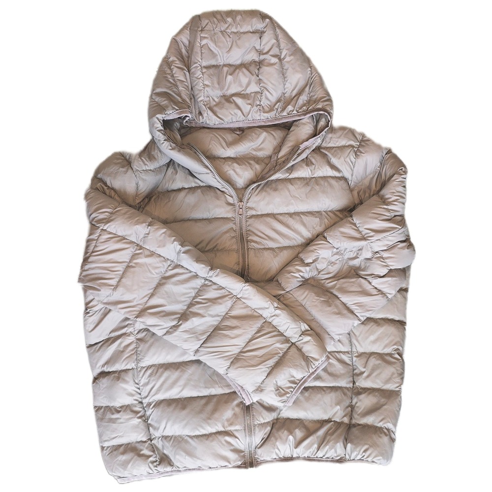 Lightweight Hooded Puffer Jacket Taupe Grey Full Zip Quilted Coat packable wmn L
